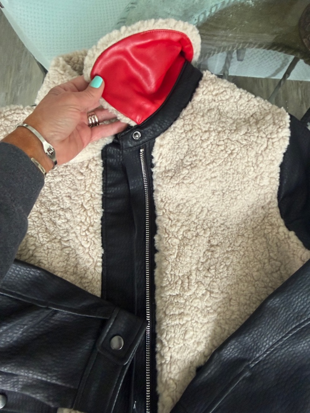 Peter Som Collective Sherpa Faux Leather Jacket coat size Large NEW - Picture 8 of 9